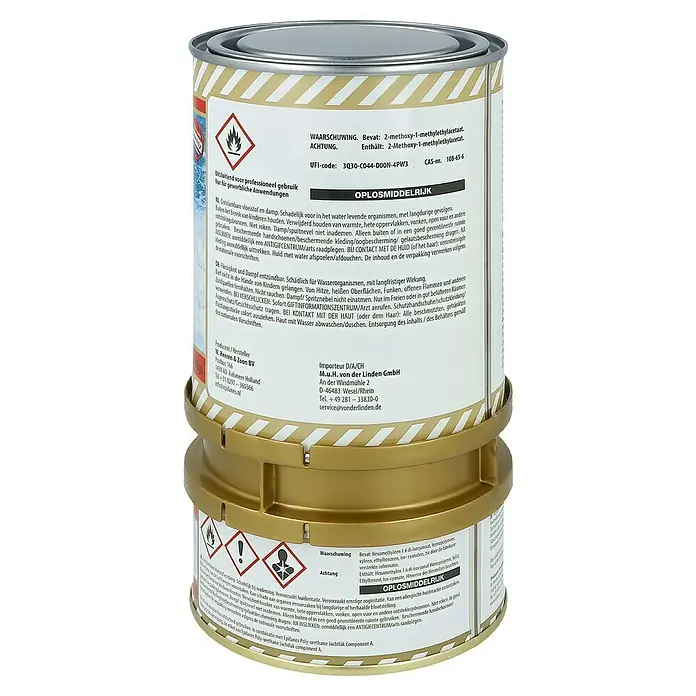 Epifanes Polyurethan-Klarlack 2 K DD-Lack - 750 ml, Glänzend, Klar - Can of Epifanes polyurethane varnish showing warnings, ingredients: 2-methoxy-1-methylethyl acetate and hexamethylene 1,6-diisocyanate.