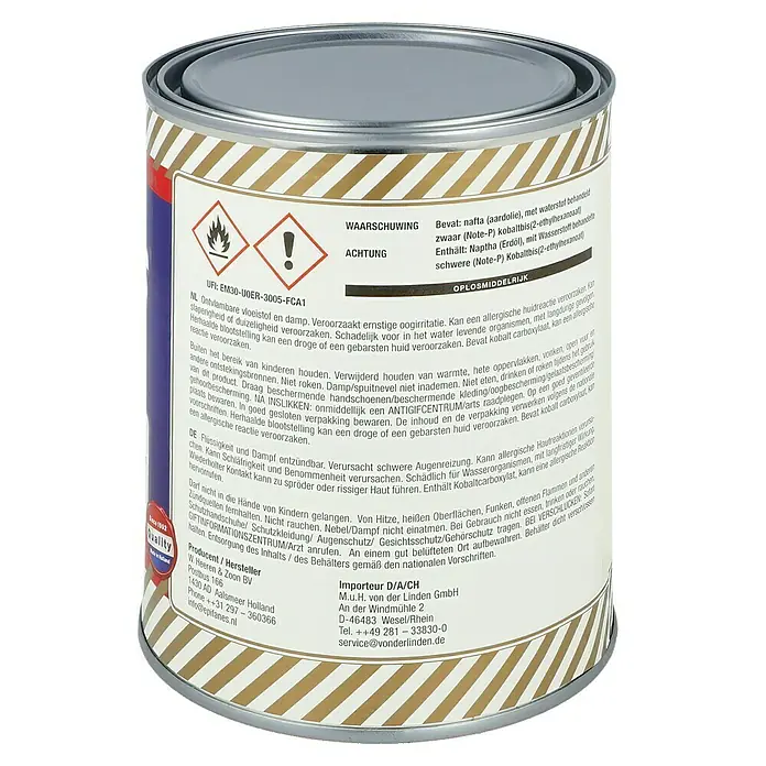 Epifanes Hartholzlacköl - 1 l, Hochglänzend, Klar - Dose mit Warnhinweisen und Herstellerinformationen für Epifanes-Lackfarbe.