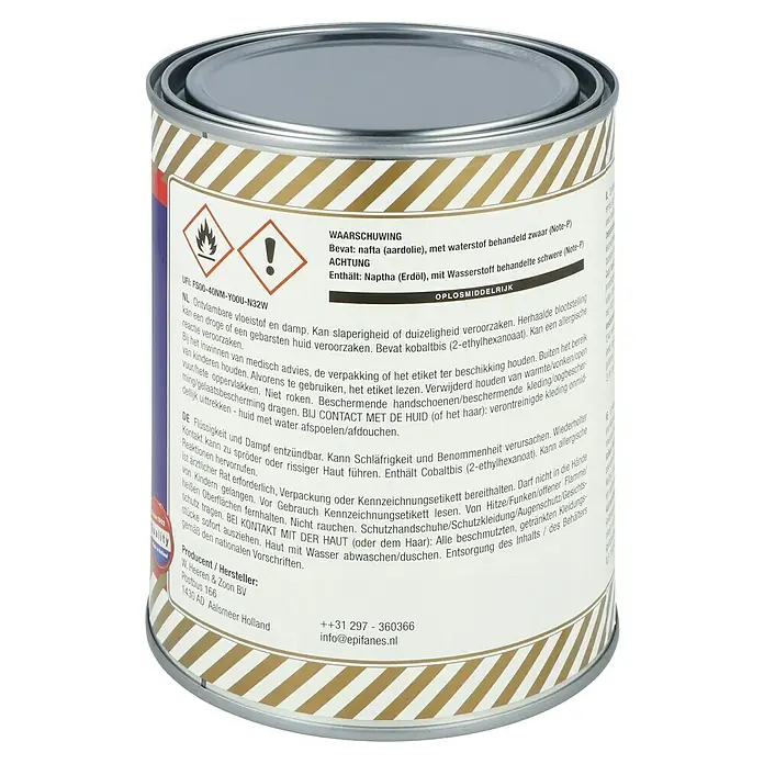 Epifanes Klarlack - Transparent, 1 l, Seidenglänzend - Dose mit Etikett, das Warnhinweise zu Inhaltsstoffen wie Naphta und Sicherheitsvorkehrungen enthält.