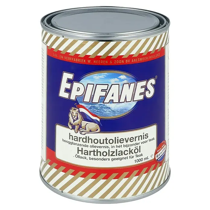 Epifanes Hartholzlacköl - 1 l, Hochglänzend, Klar - Dose Epifanes Hartholzlacköl, ein hochglänzender Öl-Lack speziell für Teakholz, ideal für Bootslackierungen und Holzarbeiten im Außenbereich.