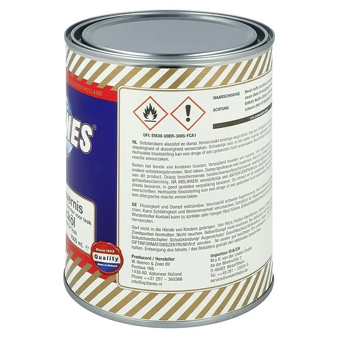 Epifanes Hartholzlacköl - 1 l, Hochglänzend, Klar - Dose Epifanes Bootslack für Teakholz, ein hochwertiges Produkt für den Schutz und die Pflege von Holzoberflächen im maritimen Bereich.