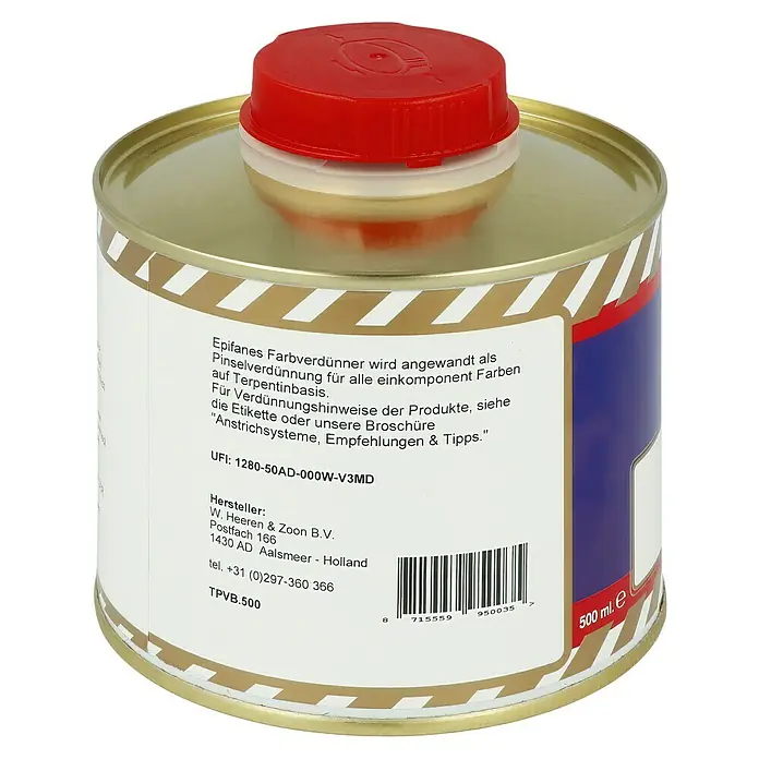 Epifanes Verdünnung - 500 ml - Dose Epifanes Farbverdünner. Geeignet als Pinselverdünnung für einkomponentige Farben auf Terpentinbasis.
