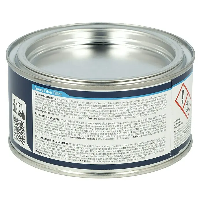 Yachtcare Epoxy Fiber Filler - 500 g, Hellblau - Image of a can of Epoxy Fiber Filler, a two-component epoxy filler reinforced with fibers for high-strength repairs and filling unevenness.