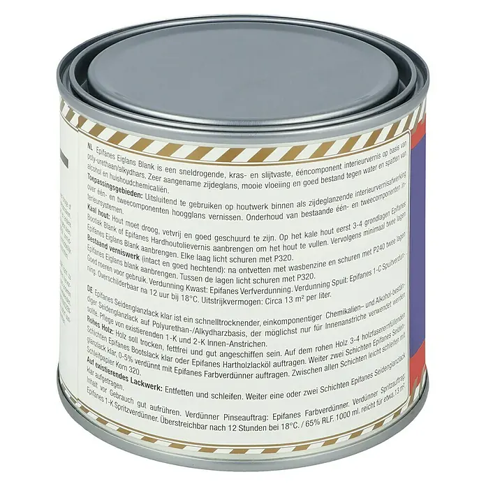 Epifanes Klarlack - Transparent, 500 ml, Seidenglänzend - Epifanes Eiglans Blank Ein-Komponenten-Innenlack auf Polyurethan-Alkydharzbasis. Schnelltrocknend, kratz- und verschleißfest, ideal für Holzoberflächen.