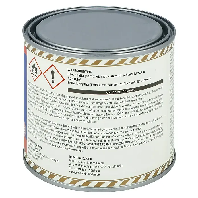 Epifanes Hartholzlacköl - 500 ml, Hochglänzend, Klar - Image of a can of "Epifanes" paint, highlighting its solvent-rich formula and the hazard warnings.