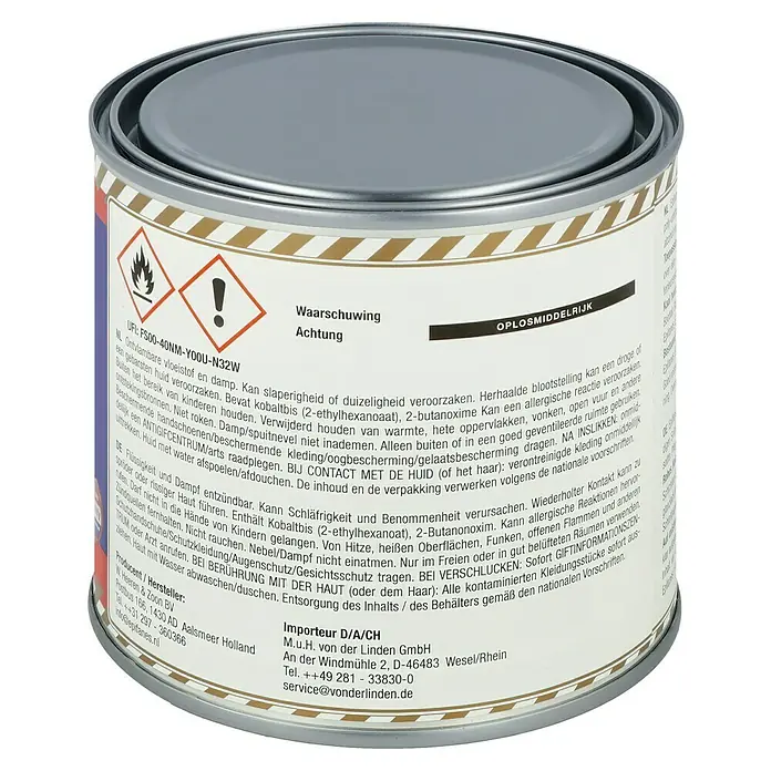 Epifanes Klarlack - Transparent, 500 ml, Seidenglänzend - Farbdose mit Warnhinweisen. Das Produkt ist ein lösemittelhaltiges Produkt, gekennzeichnet mit Gefahrensymbolen.