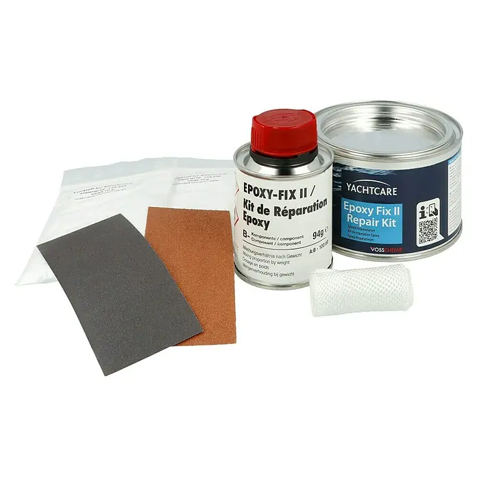 Yachtcare Epoxy Fix II Repair Kit - 250 g, Transparent - Ein Yachtcare Epoxy Fix II Reparaturset mit Füllstoff, Schleifpapier, Epoxidharz und Härter für Bootsreparaturen.