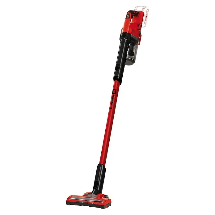 Einhell PXC 18V Aspirador de batería TE-SV 18 Li-Solo - 18 V, Sin batería, Volumen de recipiente: 0,6 l - Aspiradora inalámbrica Einhell en rojo y negro. El aparato es sin cables y tiene un depósito de polvo transparente, ideal para la limpieza rápida en casa.