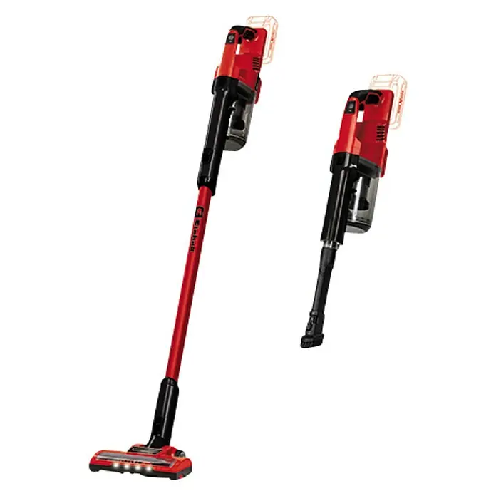 Einhell PXC 18V Aspirador de batería TE-SV 18 Li-Solo - 18 V, Sin batería, Volumen de recipiente: 0,6 l - Imagen de una aspiradora escoba inalámbrica roja, diseñada para ser ligera y flexible para una limpieza fácil.