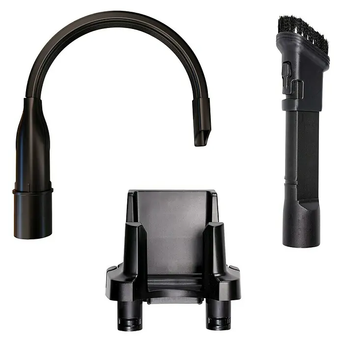 Einhell PXC 18V Aspirador de batería TE-SV 18 Li-Solo - 18 V, Sin batería, Volumen de recipiente: 0,6 l - La imagen muestra un conjunto de accesorios para aspiradora, incluyendo una boquilla, un cepillo y un soporte, sobre un fondo negro.