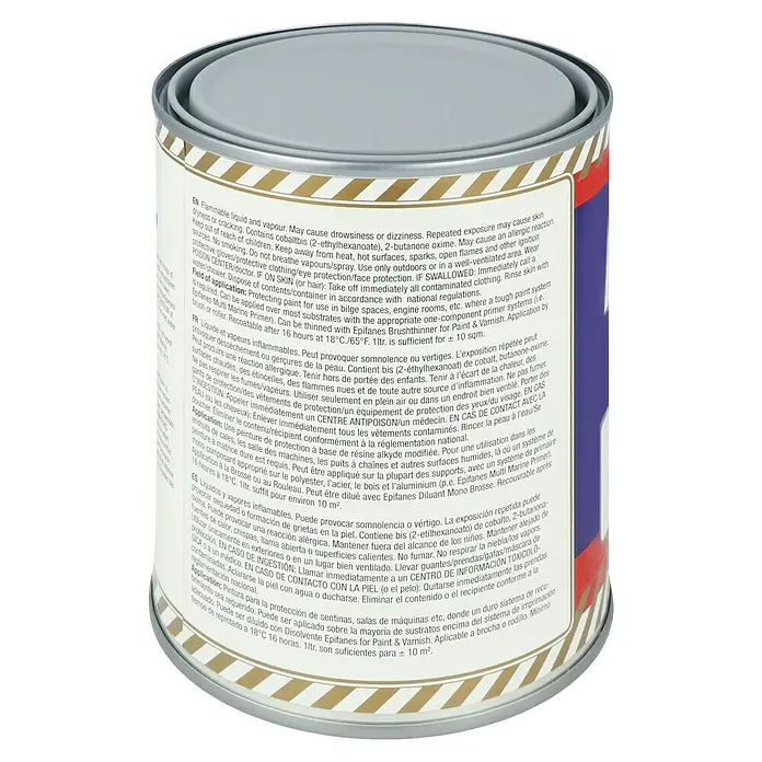 Epifanes Bilgenfarbe - 750 ml, Grau - Nahaufnahme einer Dose Epifanes Multi Marine Primer Farbe mit Produktinformationen auf dem Etikett.