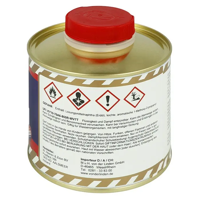 Epifanes Holzbeize - Geeignet für: Mahagoni, 500 ml - Detailaufnahme eines Lösungsmittelbehälters mit Gefahrenhinweisen und Herstellerinformationen.