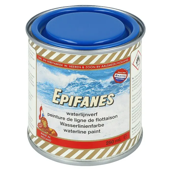 Epifanes Wasserlinienfarbe - Blau, 250 ml - Dose Epifanes Waterline Paint mit blauem Deckel, ideal für präzise Wasserlinien auf Booten.