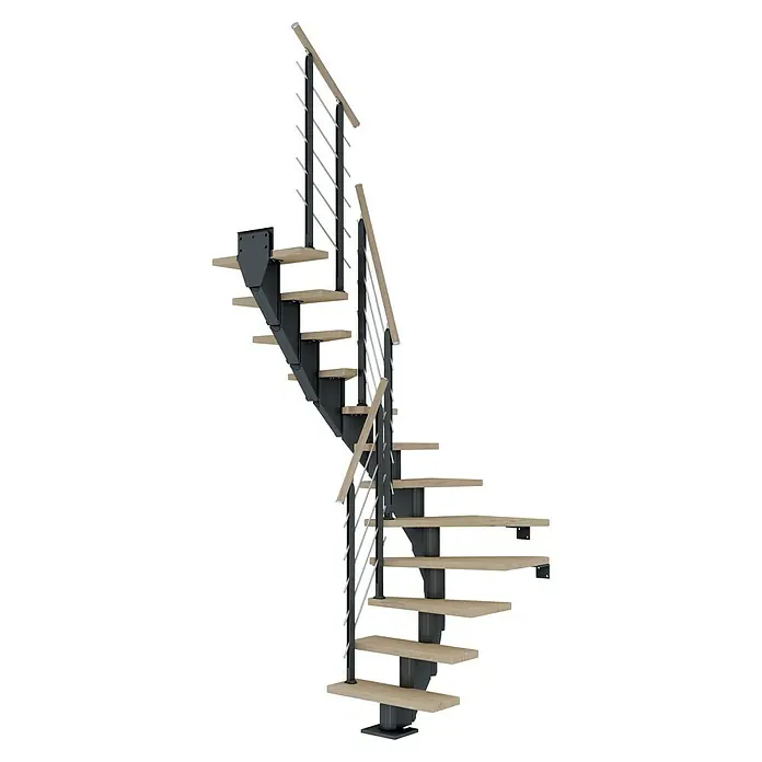 Dolle Mittelholmtreppe FrankfurtBreite: 75 cm, 1/2-gewendelt, Anthrazitgrau, Farbe Stufen: Eiche Weiß, Geschosshöhe: 259 cm - 301 cm - Darstellung einer Wendeltreppe mit Holzstufen und schwarzen Metallelementen, ideal für moderne Innenräume und platzsparende Designs.