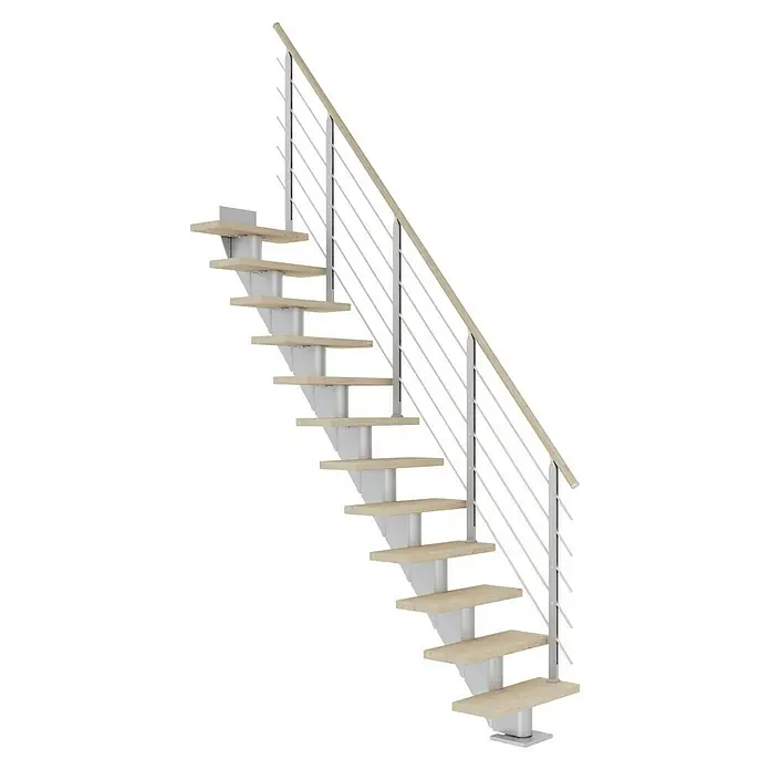 Dolle Mittelholmtreppe FrankfurtBreite: 75 cm, Gerade, Perlgrau, Farbe Stufen: Eiche Weiß, Geschosshöhe: 222 cm - 258 cm - Bild einer modernen Treppe mit hellen Holzstufen und einem Geländer aus Metallstreben, isoliert auf Schwarz.