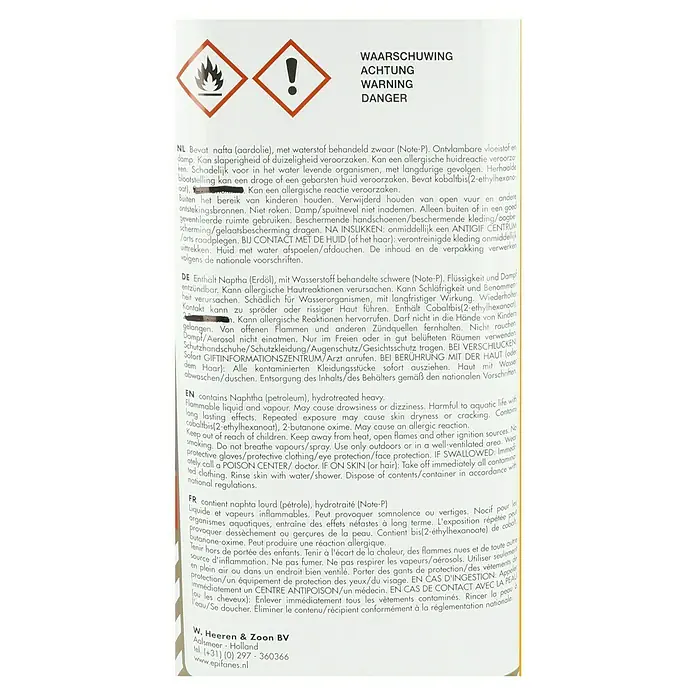 Epifanes Klarlack - 5 l - Gefahrenhinweise auf einem Produktetikett.