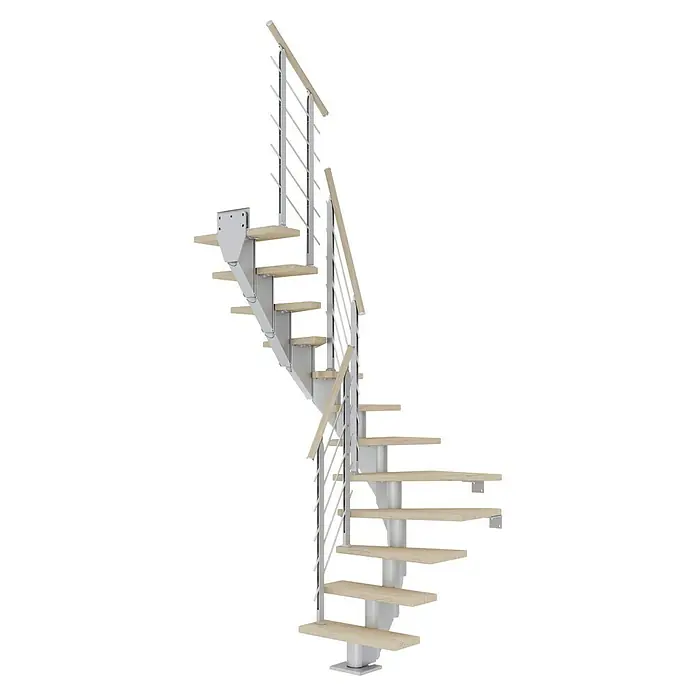 Dolle Mittelholmtreppe Frankfurt - Breite: 75 cm, 1/2-gewendelt, Perlgrau, Farbe Stufen: Eiche Weiß, Geschosshöhe: 222 cm - 258 cm - Eine elegante Wendeltreppe mit hellen Holzstufen und silberfarbenen Geländern, die ein modernes und stilvolles Design verkörpert.