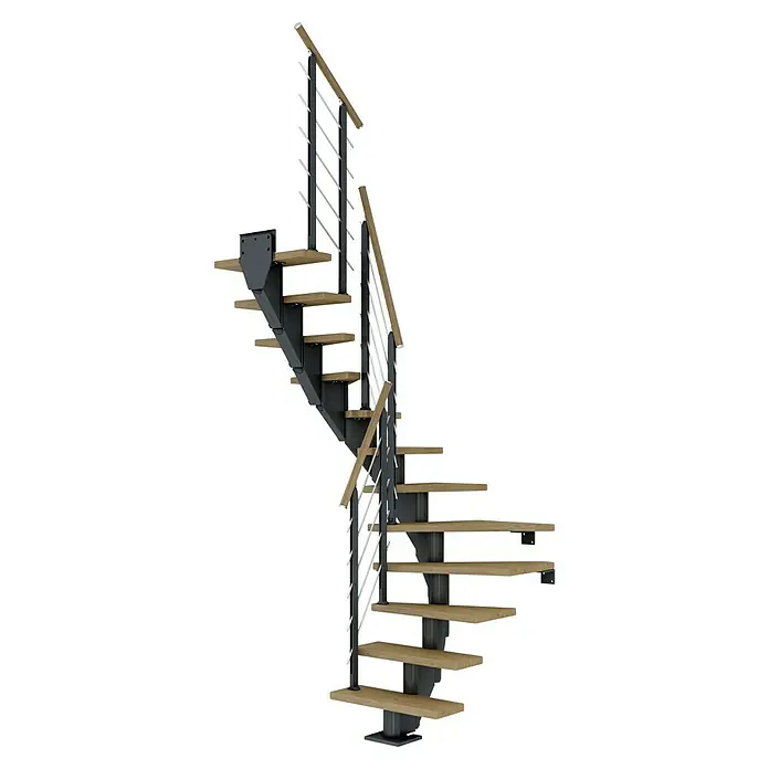 Dolle Mittelholmtreppe Frankfurt - Breite: 65 cm, 1/2-gewendelt, Anthrazitgrau, Farbe Stufen: Eiche Natur, Geschosshöhe: 222 cm - 258 cm - Eine elegante Wendeltreppe mit Holzstufen und einem modernen Geländerdesign, perfekt für stilvolle Innenräume.