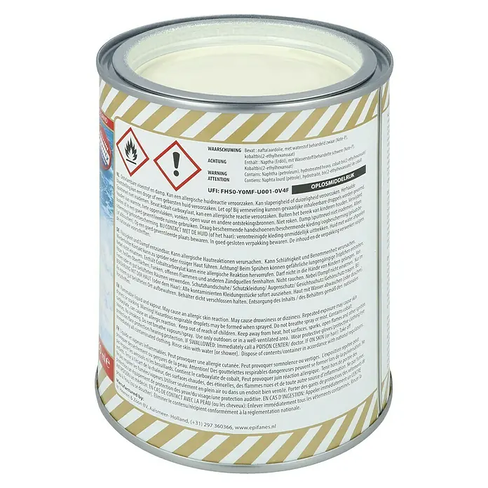 Epifanes Yachtlack Mono-Urethan - Beige 3253, 750 ml - Epifanes Lackdose Etikett mit Sicherheitswarnungen und Inhaltsstoffen für den professionellen Bootsbau.