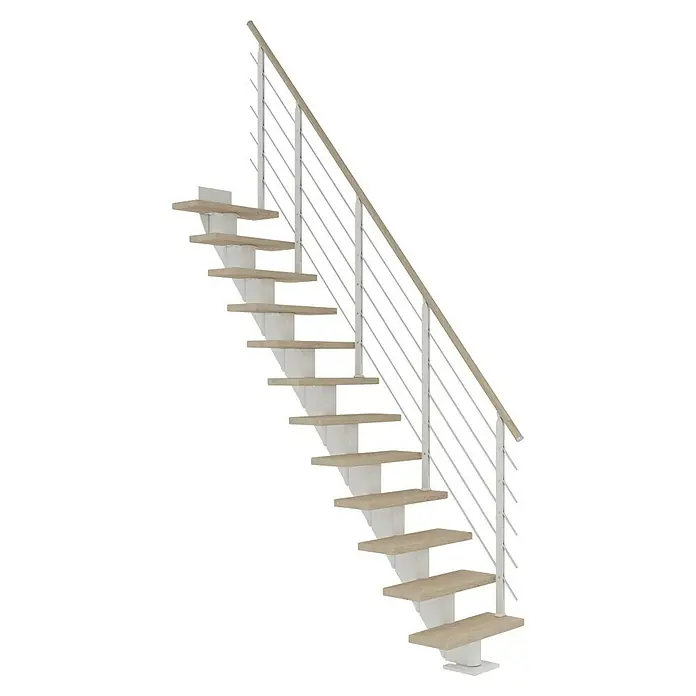 Dolle Mittelholmtreppe Frankfurt - Breite: 75 cm, Gerade, Verkehrsweiß, Farbe Stufen: Eiche Weiß, Geschosshöhe: 240 cm - 279 cm - Eine moderne Treppe mit hellen Holzstufen und einem Geländer aus weißen Säulen und einem Holzhandlauf, ideal für ein stilvolles Zuhause.