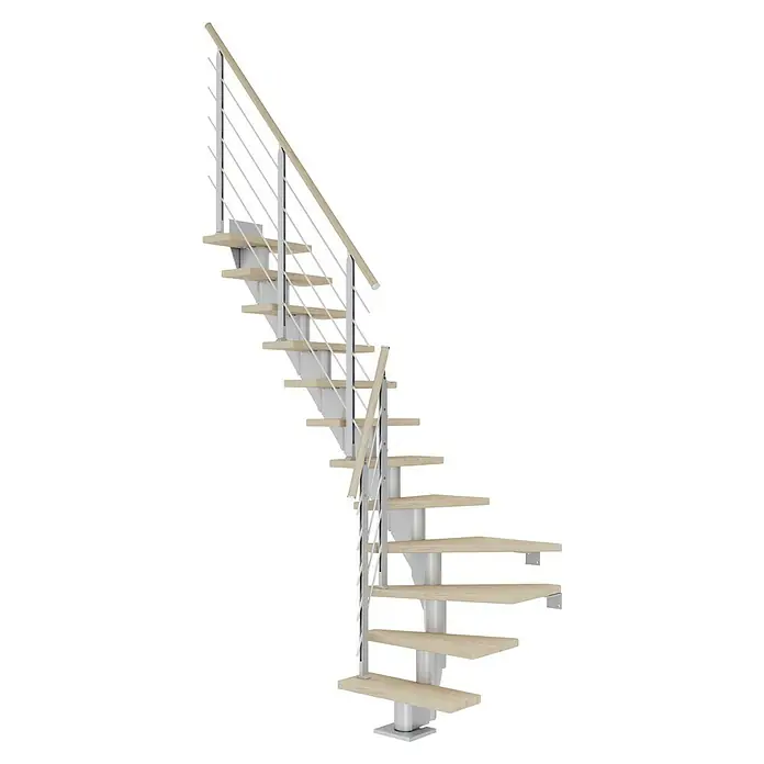 Dolle Mittelholmtreppe FrankfurtBreite: 75 cm, 1/4-gewendelt, Perlgrau, Farbe Stufen: Eiche Weiß, Geschosshöhe: 222 cm - 258 cm