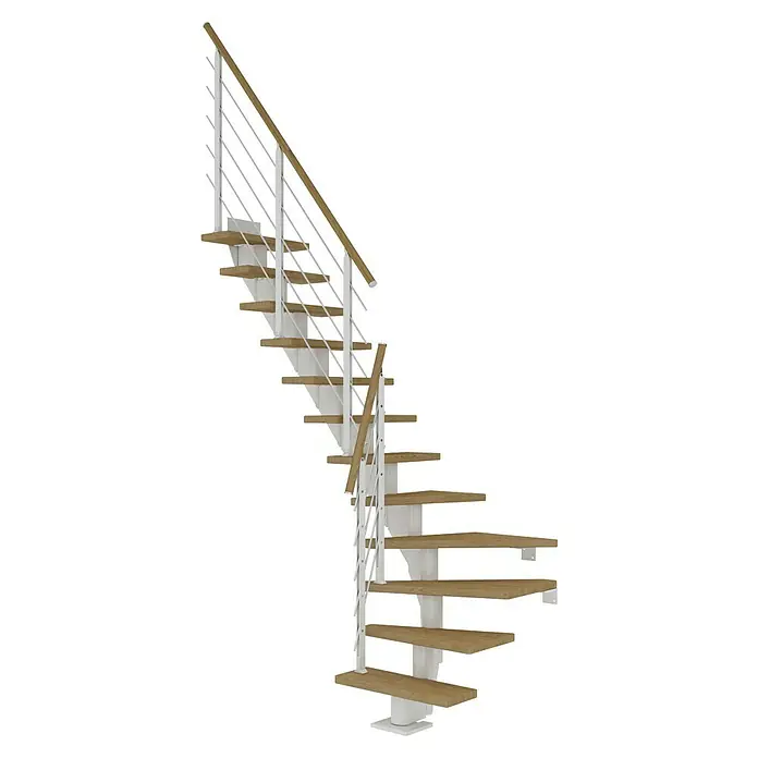 Dolle Mittelholmtreppe FrankfurtBreite: 65 cm, 1/4-gewendelt, Verkehrsweiß, Farbe Stufen: Eiche Natur, Geschosshöhe: 259 cm - 301 cm - Elegante Wendeltreppe mit Holzstufen und weißem Geländer. Ein stilvolles Designelement für Ihr Zuhause, das Funktionalität und Ästhetik vereint.