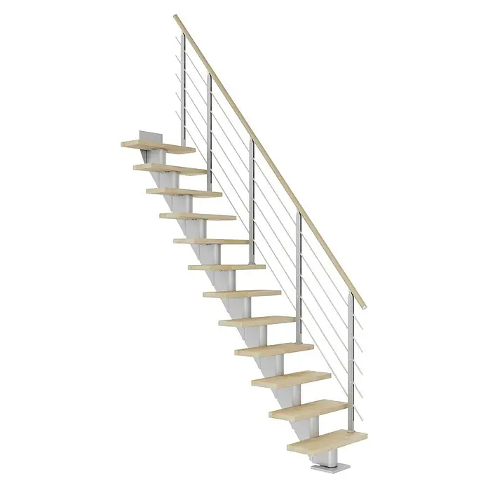 Dolle Mittelholmtreppe Frankfurt - Breite: 75 cm, Gerade, Perlgrau, Farbe Stufen: Buche Natur, Geschosshöhe: 222 cm - 258 cm - Detailaufnahme einer modernen Treppe mit Holzstufen und einem stilvollen Geländer aus Edelstahl. Die Treppe ist ein echter Hingucker.