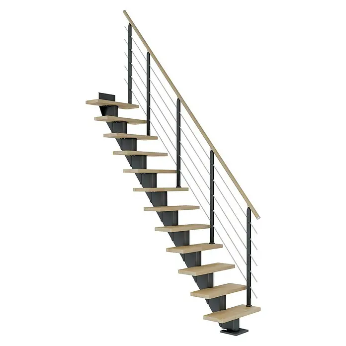 Dolle Mittelholmtreppe FrankfurtBreite: 65 cm, Gerade, Anthrazitgrau, Farbe Stufen: Buche Natur, Geschosshöhe: 259 cm - 301 cm - Freitragende Treppe mit hellen Holzstufen und Geländer aus Edelstahl und dunklen Pfosten für modernes Wohndesign.