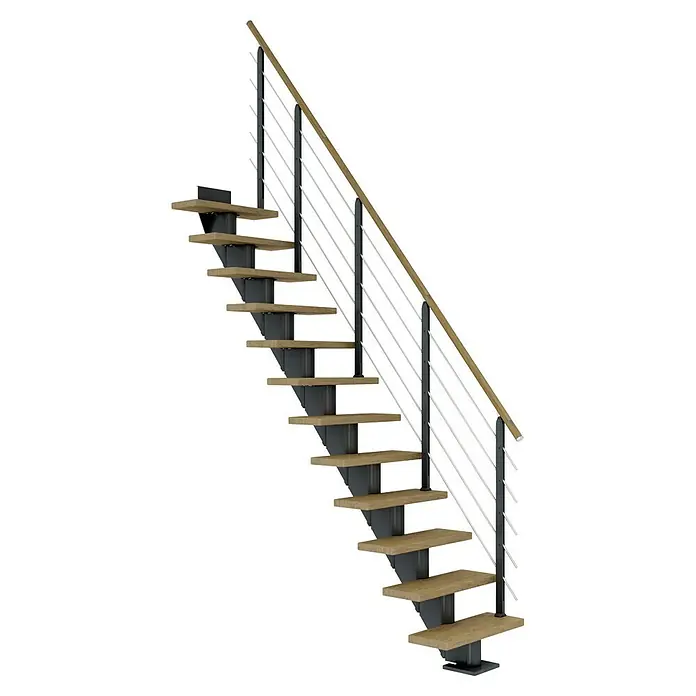 Dolle Mittelholmtreppe Frankfurt - Breite: 75 cm, Gerade, Anthrazitgrau, Farbe Stufen: Eiche Natur, Geschosshöhe: 222 cm - 258 cm - Moderne Treppe mit Holzstufen, schwarzen Halterungen und silbernen Geländerstäben, die ein stilvolles Design für den Innenbereich bietet.