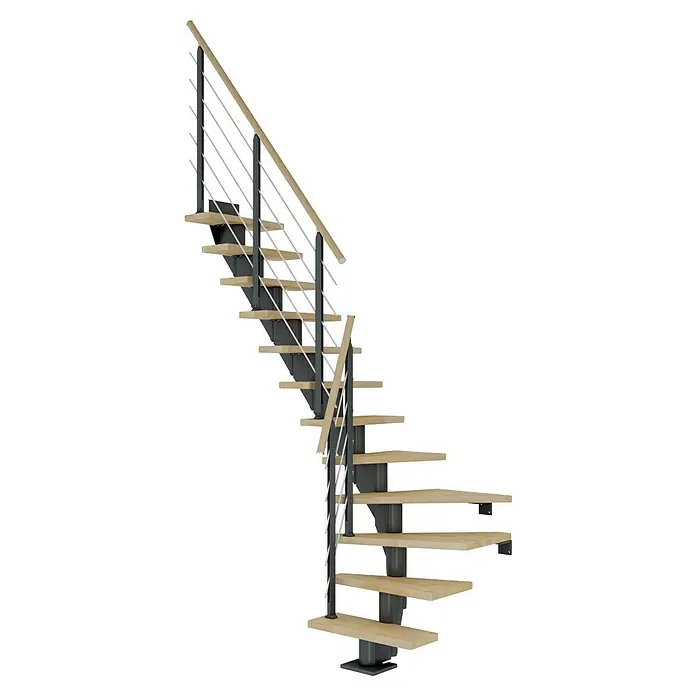 Dolle Mittelholmtreppe FrankfurtBreite: 65 cm, 1/4-gewendelt, Anthrazitgrau, Farbe Stufen: Buche Natur, Geschosshöhe: 259 cm - 301 cm - Elegante Treppe mit Holzstufen und modernem Geländerdesign. Ideal für stilvolle Innenräume und eine komfortable Verbindung zwischen Etagen.