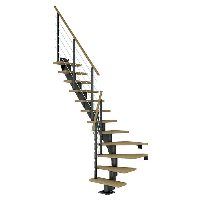 Dolle Mittelholmtreppe Frankfurt - Breite: 75 cm, 1/4-gewendelt, Anthrazitgrau, Farbe Stufen: Eiche Natur, Geschosshöhe: 222 cm - 258 cm - Eine moderne Treppe mit Holzstufen und einem Geländer aus Stahlseilen und Holzhandlauf, die ein stilvolles Design für jedes Zuhause bietet.