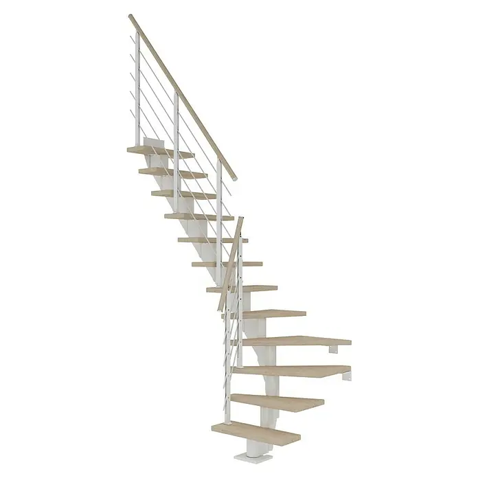 Dolle Mittelholmtreppe FrankfurtBreite: 75 cm, 1/4-gewendelt, Verkehrsweiß, Farbe Stufen: Eiche Weiß, Geschosshöhe: 222 cm - 258 cm - Bild einer eleganten Wendeltreppe mit hellem Holz und weißen Geländern, die ein modernes Designelement darstellt.