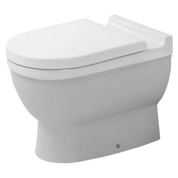 Duravit Starck 3 Stand-WC - Mit Spülrand, Mit schmutzabweisender Glasur, Spülform: Tief, WC Abgang: Waagerecht, Weiß - Nahaufnahme einer weißen Toilette mit geschlossenem Deckel. Elegantes Design für moderne Badezimmer und WC-Räume.
