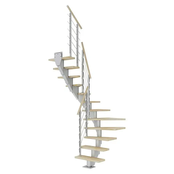Dolle Mittelholmtreppe Frankfurt - Breite: 75 cm, 1/2-gewendelt, Perlgrau, Farbe Stufen: Buche Natur, Geschosshöhe: 240 cm - 279 cm - Diese Aufnahme zeigt eine elegante Wendeltreppe aus Metall und Holz. Die Treppe ist ein echter Hingucker und ideal für moderne Räume.