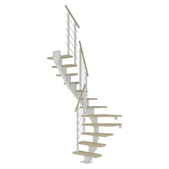 Dolle Mittelholmtreppe FrankfurtBreite: 65 cm, 1/2-gewendelt, Verkehrsweiß, Farbe Stufen: Eiche Weiß, Geschosshöhe: 259 cm - 301 cm - Eine elegante Wendeltreppe mit hellen Holzstufen und einem modernen, weißen Geländerdesign, das sich spiralförmig nach oben windet.