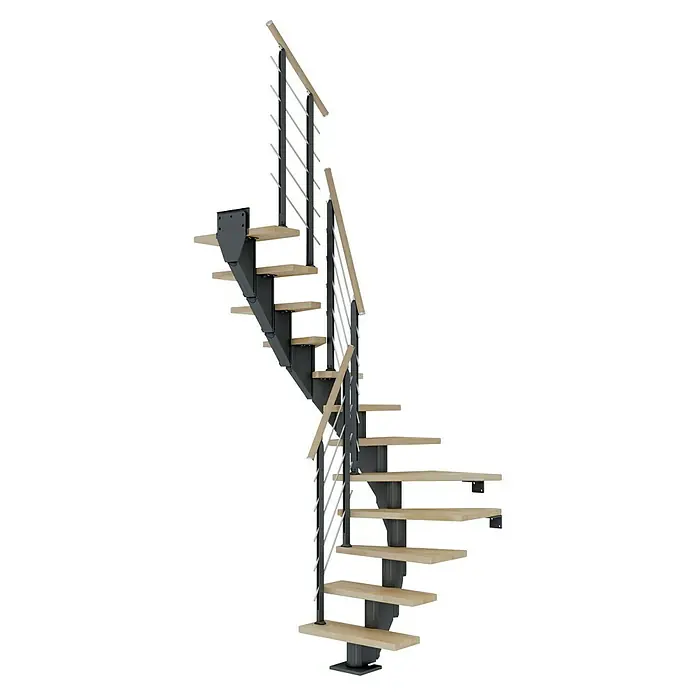 Dolle Mittelholmtreppe Frankfurt - Breite: 65 cm, 1/2-gewendelt, Anthrazitgrau, Farbe Stufen: Buche Natur, Geschosshöhe: 222 cm - 258 cm - Die elegante Wendeltreppe mit Holzstufen und modernem Metallgeländer ist ein echter Hingucker. Ihre geschwungene Form passt perfekt in jedes Ambiente.