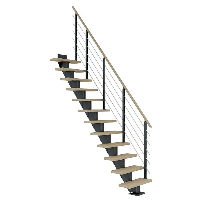 Dolle Mittelholmtreppe FrankfurtBreite: 75 cm, Gerade, Anthrazitgrau, Farbe Stufen: Eiche Weiß, Geschosshöhe: 222 cm - 258 cm - Moderne Treppe mit hellen Holzstufen und einem Geländer aus schwarzen Pfosten und horizontalen Edelstahlstreben. Das Design ist minimalistisch und stilvoll.