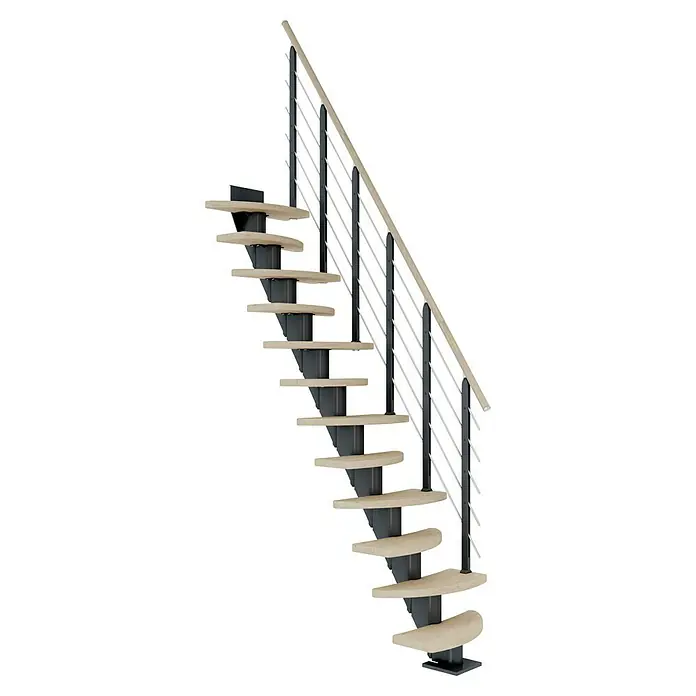 Dolle Mittelholmtreppe BerlinBreite: 64 cm, Variabel, Anthrazitgrau, Farbe Stufen: Eiche Weiß, Geschosshöhe: 222 cm - 270 cm - Moderne Treppe mit hellen Holzstufen und einem Geländer mit schwarzen Pfosten und silbernen Füllstäben vor schwarzem Hintergrund.