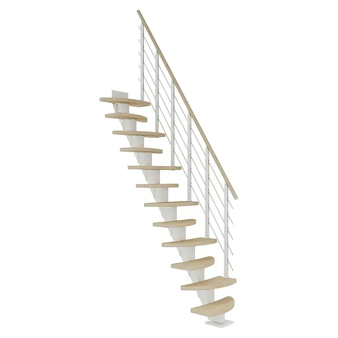 Dolle Mittelholmtreppe BerlinBreite: 64 cm, Variabel, Weiß, Farbe Stufen: Eiche Weiß, Geschosshöhe: 222 cm - 270 cm - Eine elegante Treppe mit Holzstufen und weißem Geländer, die ein modernes Design zeigt. Treppe, Treppenhaus, Innendesign.