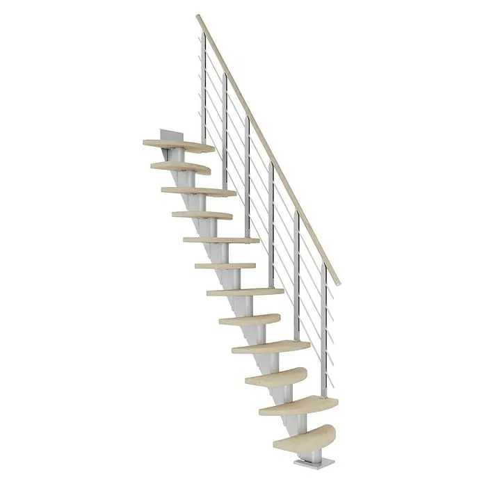 Dolle Mittelholmtreppe BerlinBreite: 64 cm, Variabel, Perlgrau, Farbe Stufen: Eiche Weiß, Geschosshöhe: 259 cm - 315 cm - Die elegante Treppe mit hellen Holzstufen und modernem Geländer aus Edelstahl ist ein echter Hingucker für jedes Zuhause.