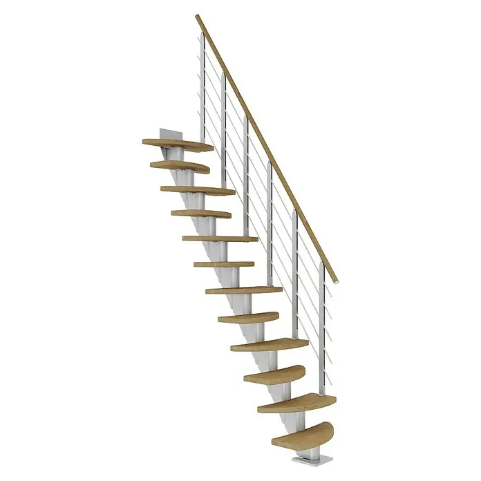 Dolle Mittelholmtreppe Berlin - Breite: 64 cm, Variabel, Perlgrau, Farbe Stufen: Eiche Natur, Geschosshöhe: 240 cm - 292 cm - Eine moderne Treppe mit Holzstufen und silbernen Geländerstäben vor einem schwarzen Hintergrund. Elegantes Treppendesign für den Innenbereich.