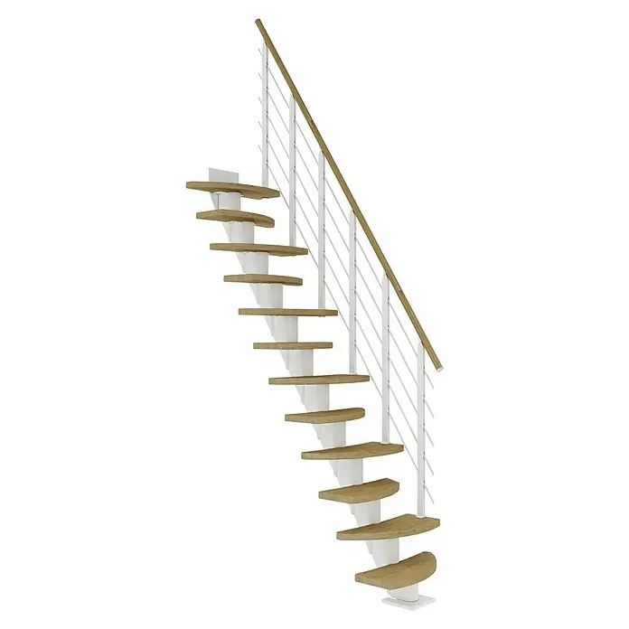 Dolle Mittelholmtreppe Berlin - Breite: 64 cm, Variabel, Weiß, Farbe Stufen: Eiche Natur, Geschosshöhe: 259 cm - 315 cm - Aufnahme einer modernen Treppe mit Holzstufen, weißen Geländern und einem hellbraunen Handlauf vor einem schwarzen Hintergrund.