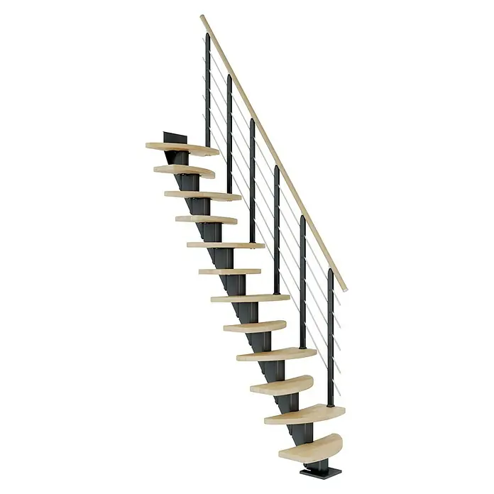 Dolle Mittelholmtreppe BerlinBreite: 64 cm, Variabel, Anthrazitgrau, Farbe Stufen: Buche Natur, Geschosshöhe: 259 cm - 315 cm - Eine moderne Treppe mit hellen Holzstufen und einem schwarzen Geländer mit silbernen Akzenten. Elegantes Design für modernes Wohnen.