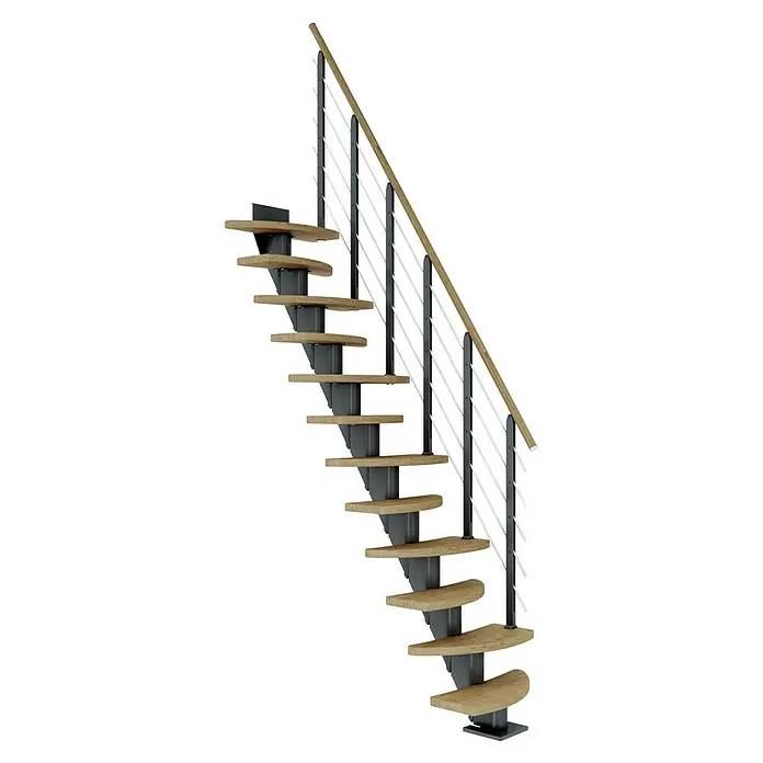 Dolle Mittelholmtreppe Berlin - Breite: 64 cm, Variabel, Anthrazitgrau, Farbe Stufen: Eiche Natur, Geschosshöhe: 240 cm - 292 cm - Elegante freitragende Treppe mit Holzstufen, grauem Rahmen und Geländer mit Holzhandlauf.