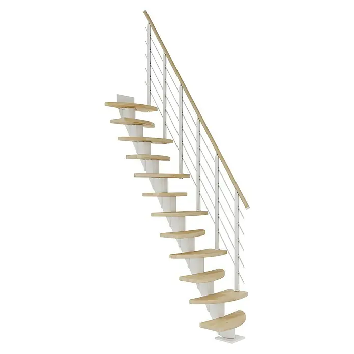 Dolle Mittelholmtreppe Berlin - Breite: 64 cm, Variabel, Verkehrsweiß, Farbe Stufen: Buche Natur, Geschosshöhe: 203 cm - 247 cm - Elegante Treppe mit hellen Holzstufen und einem modernen weißen Geländer, ideal für stilvolle Innenräume.