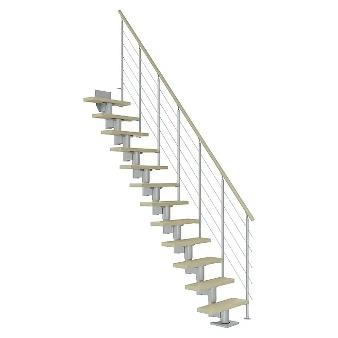 Dolle Mittelholmtreppe DublinBreite: 65 cm, Perlgrau, Gerade, Farbe Stufen: Ahorn Natur, Geschosshöhe: 278 cm - 337 cm, Edelstahlgeländer - Eine moderne Treppe mit hellen Holzstufen und einem Geländer aus Edelstahl, ideal für ein stilvolles Zuhause.
