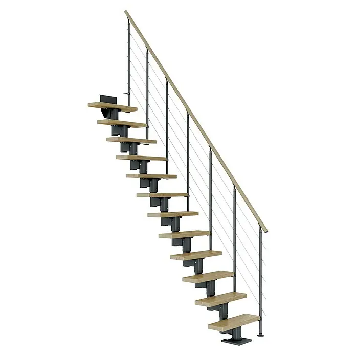 Dolle Mittelholmtreppe Dublin - Breite: 65 cm, Anthrazitgrau, Gerade, Farbe Stufen: Eiche Natur, Geschosshöhe: 240 cm - 292 cm, Edelstahlgeländer - Detailaufnahme einer modernen Treppe mit Holzstufen, schwarzen Geländerpfosten und hellen Füllstäben. Ein stilvolles Designelement für moderne Innenräume.