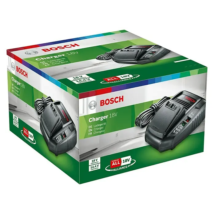 Bosch Power for All 18V Cargador de baterías AL 1830 CV - 18 V, 2,5 Ah - Embalaje del cargador Bosch 18V que presenta imágenes del cargador y detalles esenciales del producto.