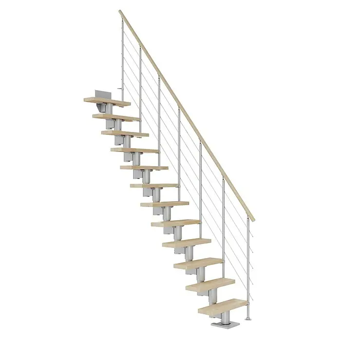 Dolle Mittelholmtreppe Dublin - Breite: 65 cm, Perlgrau, Gerade, Farbe Stufen: Buche Natur, Geschosshöhe: 240 cm - 292 cm, Edelstahlgeländer - Eine moderne Treppe mit hellem Holz und silbernen Geländerstäben, die ein offenes und luftiges Design zeigt, ideal für minimalistische Interieurs.