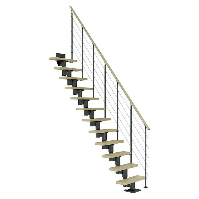 Dolle Mittelholmtreppe Dublin - Breite: 65 cm, Anthrazitgrau, Gerade, Farbe Stufen: Ahorn Natur, Geschosshöhe: 278 cm - 337 cm, Edelstahlgeländer - Eine moderne Treppe mit hellen Stufen und einem Geländer aus dunklem Metall und hellem Holz. Elegantes Design für den Innenbereich.